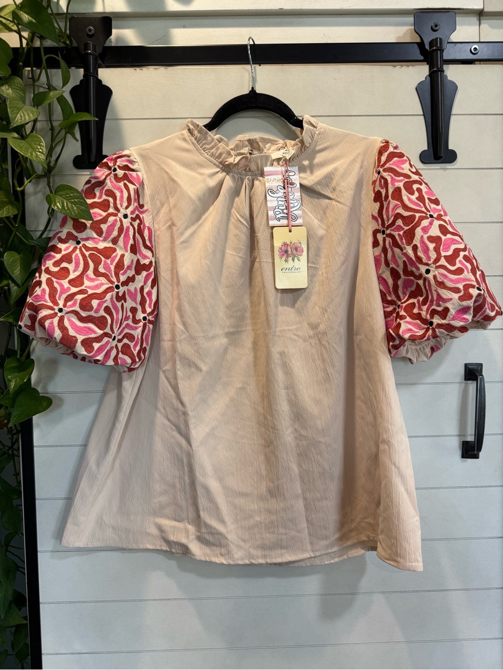 entro Cream Blouse with Pink Patterned Puff Sleeves